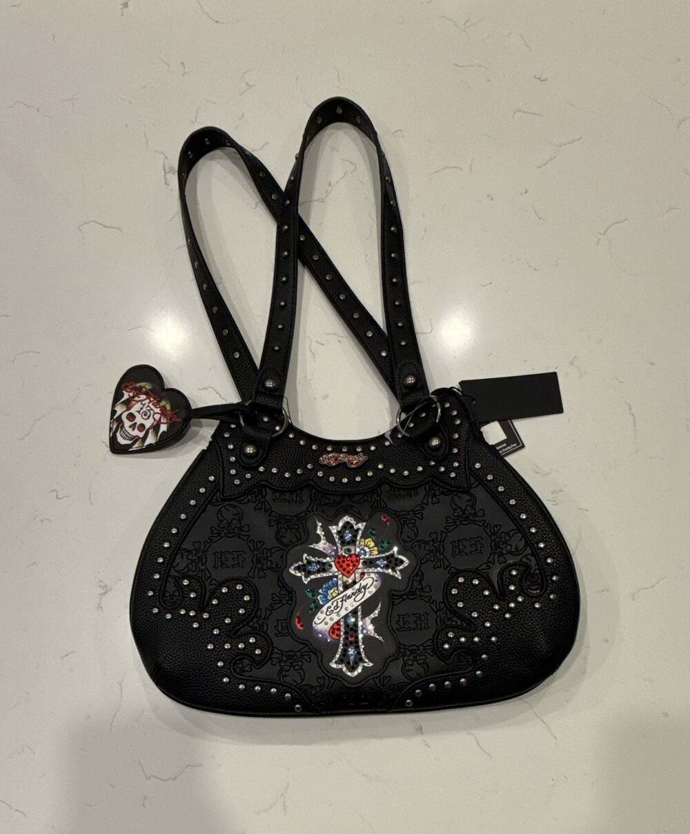 Ed Hardy Black Vegan Leather Studded Crossbody Shoulder Handbag with Rhinestone